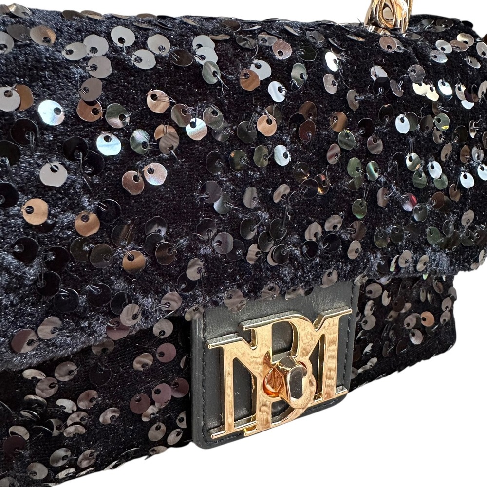 Badgley Mischka Black Sequin‎ Metal Handle Bag BMH 535 Vegan Leather MSRP 120 - Picture 7 of 12